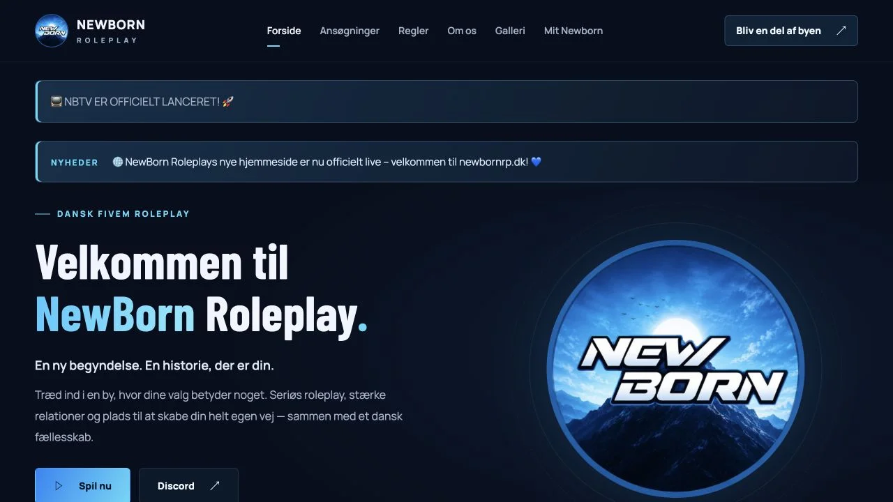 Screenshot af forsiden på Newborn Roleplay